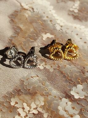 Stainless Steel Heart Stud Earrings - Silver and Gold